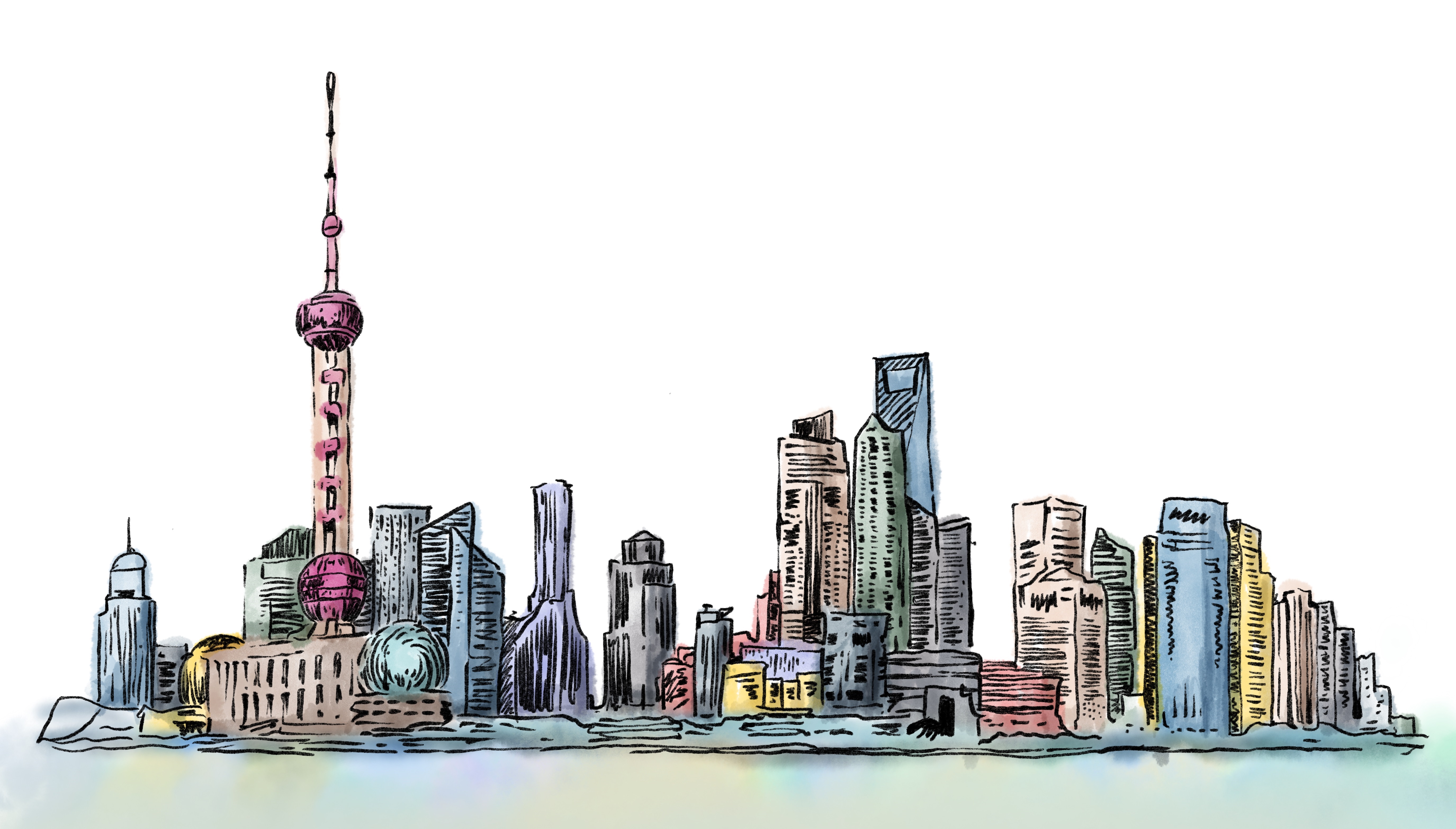 Colored Shanghai City Sketch